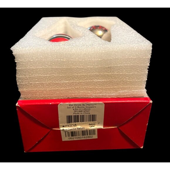 Lenox Eat Drink Be Merry Set Of 2 Bottle Stoppers 4.5" Red & Silver Xmas Decor - Picture 4 of 4